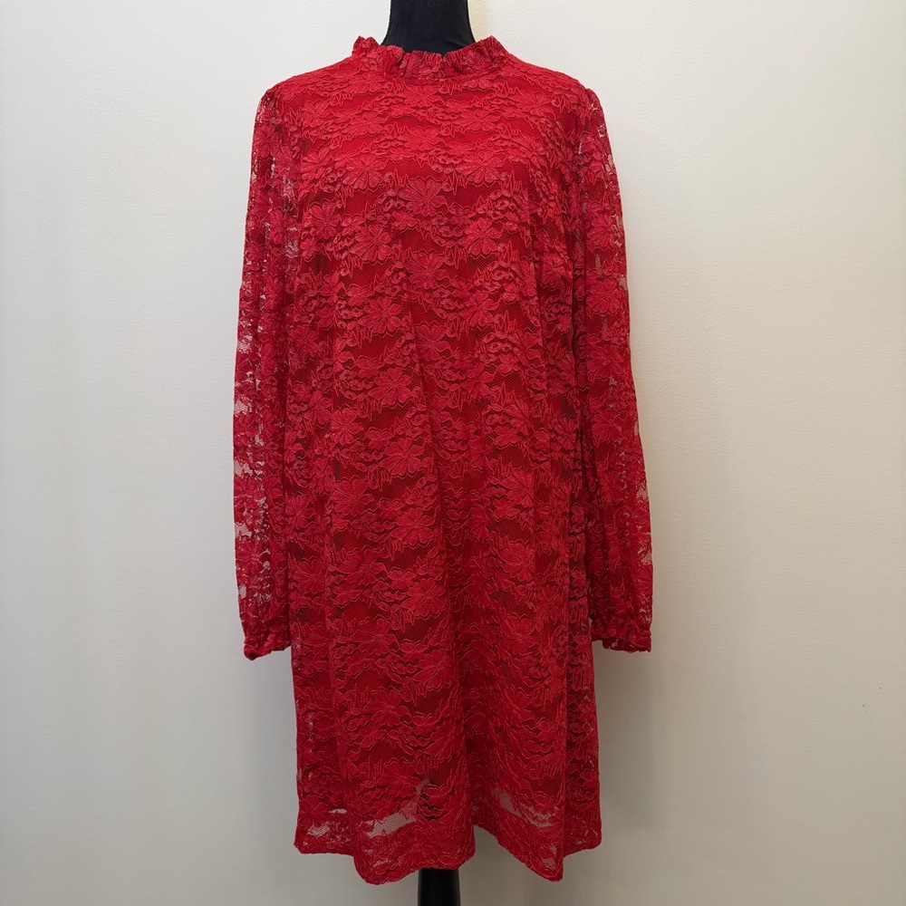 NEW Draper James Womens XXL Red Long Sleeve Dress Lace Overlay Holiday Neck Tie